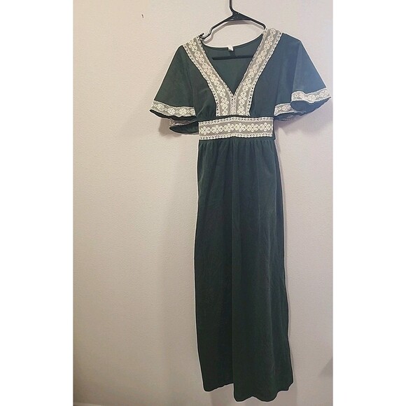 Handmade Dresses & Skirts - Vintage 70s Boho Green Floral lace trim Maxi Dress Boho Cottage Whimsy Sz M